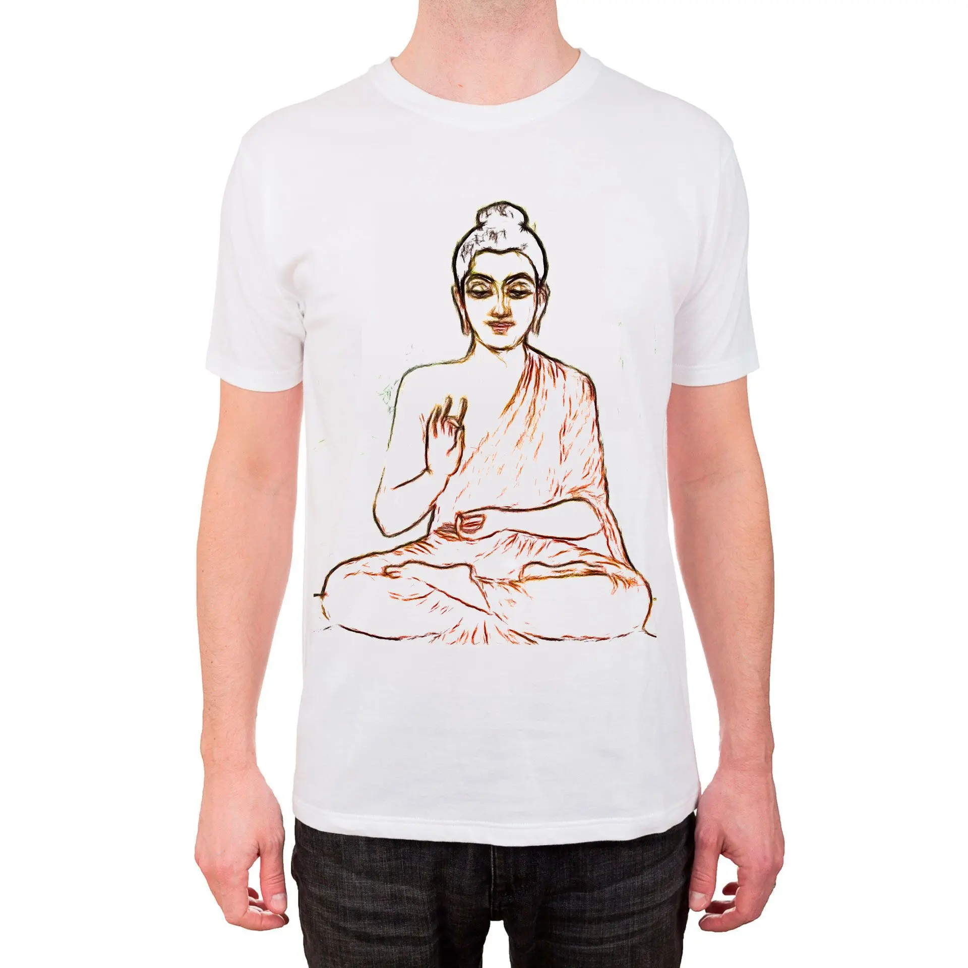 T-shirt with line drawing of budha..